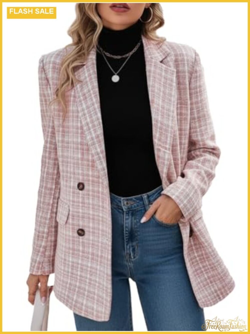 Plaid Tweed Blazer Open Front Business Casual Work Coat